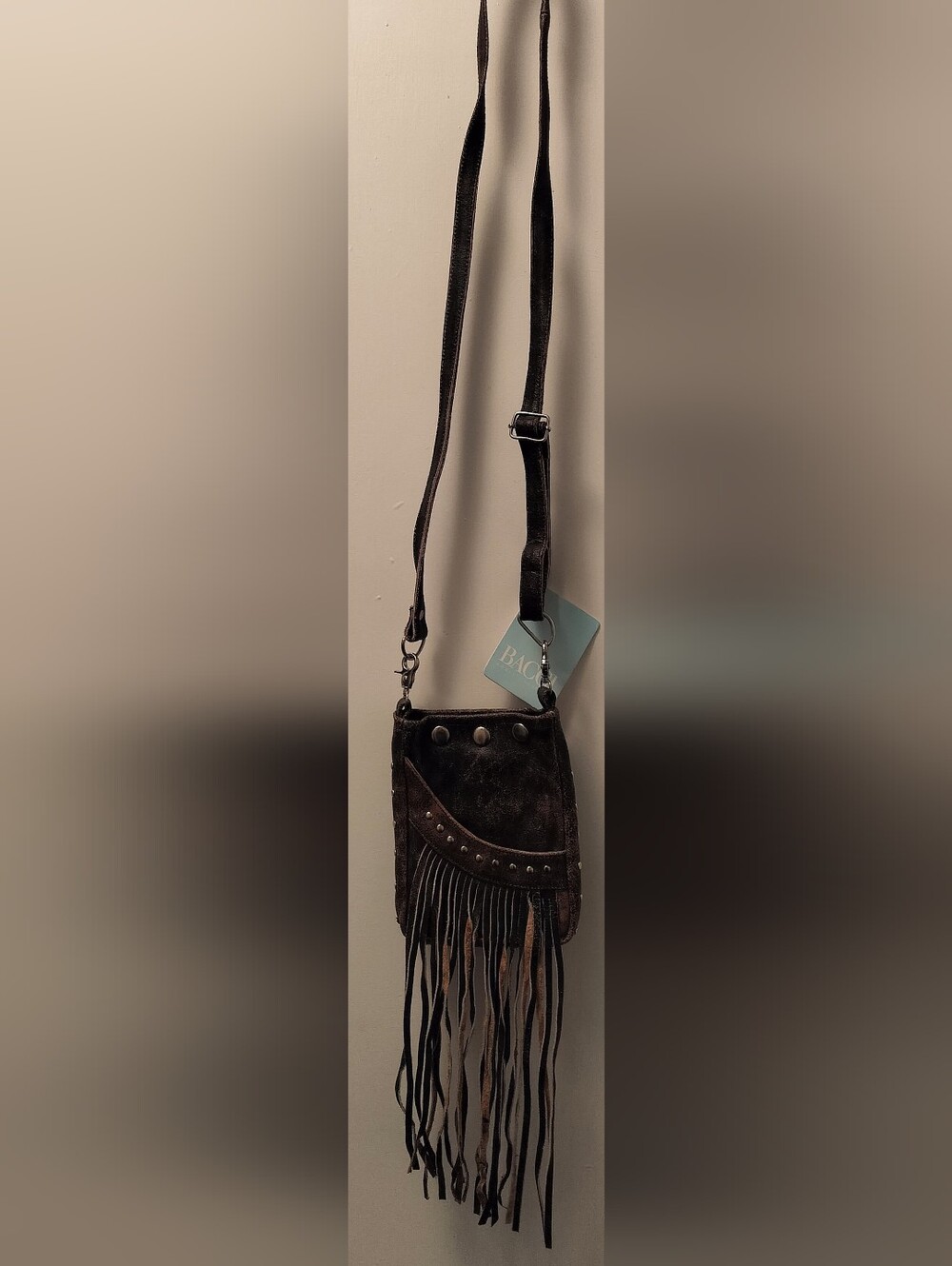 Small Dark Brown Distressed Leather Crossbody Bag with Stud Accents And Pocket